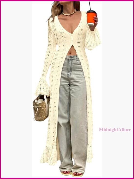 Sweaters - Long Crochet Cardigan Duster Button Up Bell Sleeve Boho Cover Up